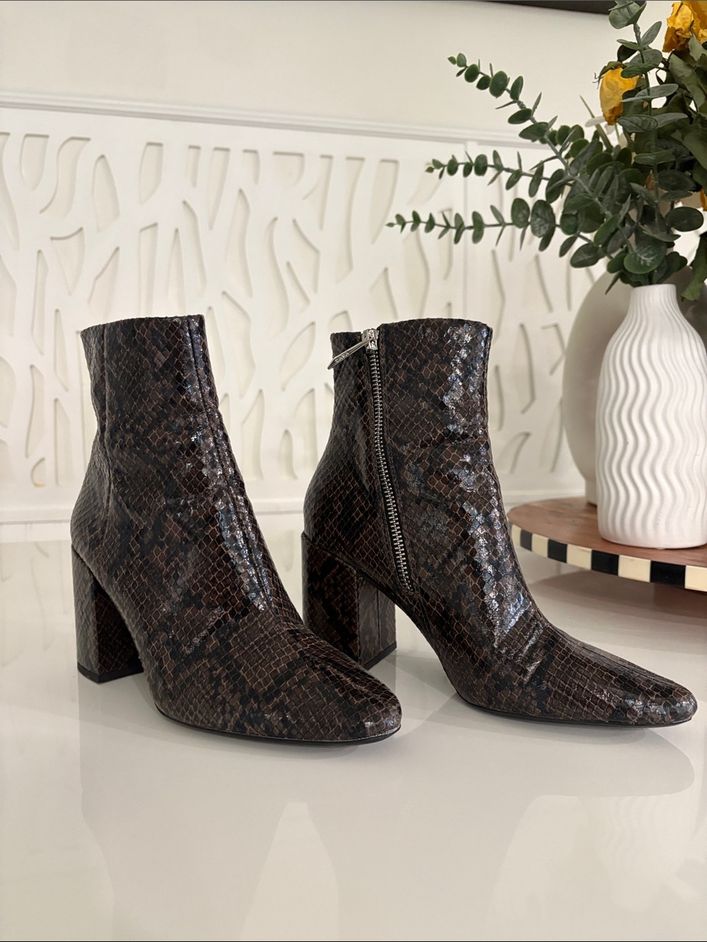 Zara Brown Snake-Print Ankle Boots with Side Zip